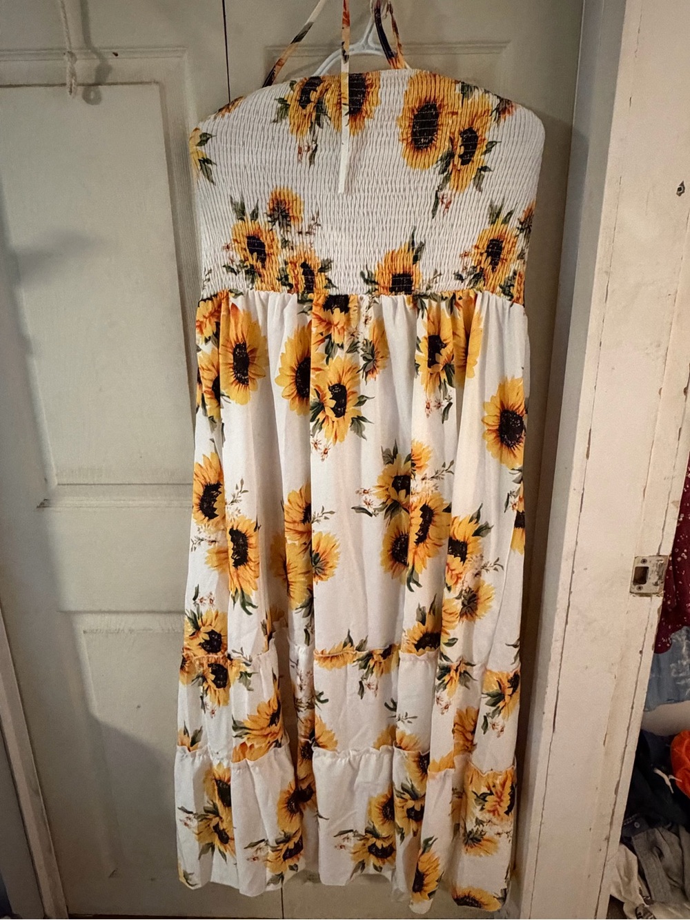 Strapless White Sunflower Smocked Maxi Dress
